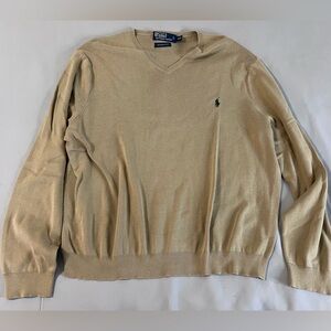 Polo Ralph Lauren Sweater Men's XXL Tan Knit Pullover V Neck Pima Cotton‎